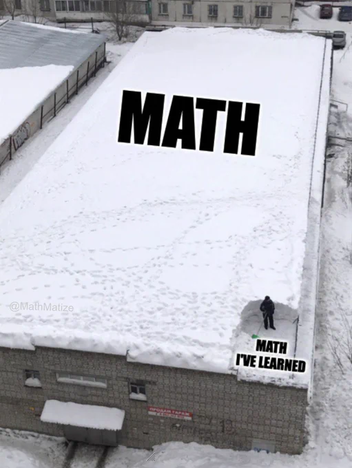 A picture of a large roof top covered in snow, with one small corner shovelled. The shovelled corner is captioned "math I've learned". The rest of the snow is captioned "math".