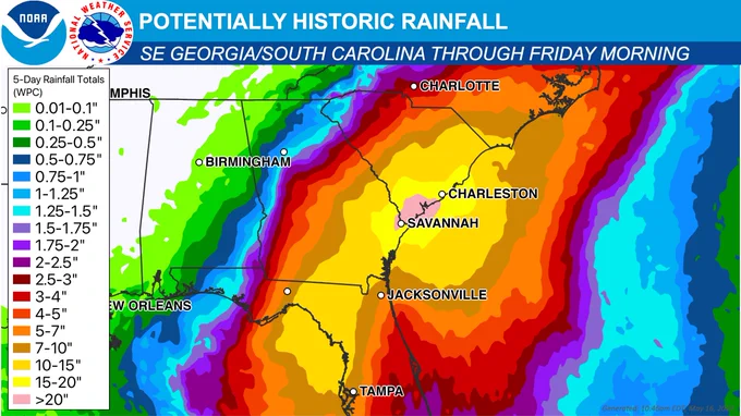 WPC 5-day forecast rainfall totals highlighted by >10" of rain from the Big Bend of Florida, across much of SE Georgia, and into South Carolina.