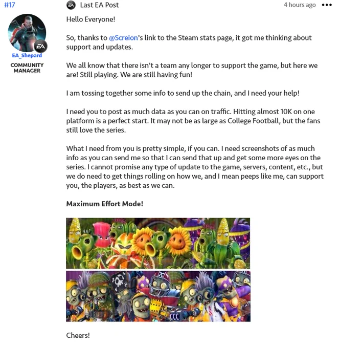 Hello Everyone!

So, thanks to @Screion's link to the Steam stats page, it got me thinking about support and updates.

We all know that there isn't a team any longer to support the game, but here we are! Still playing. We are still having fun!

I am tossing together some info to send up the chain, and I need your help!

I need you to post as much data as you can on traffic. Hitting almost 10K on one platform is a perfect start. It may not be as large as College Football, but the fans still love the series. 

What I need from you is pretty simple, if you can. I need screenshots of as much info as you can send me so that I can send that up and get some more eyes on the series. I cannot promise any type of update to the game, servers, content, etc., but we do need to get things rolling on how we, and I mean peeps like me, can support you, the players, as best as we can.

Maximum Effort Mode!

Cheers!