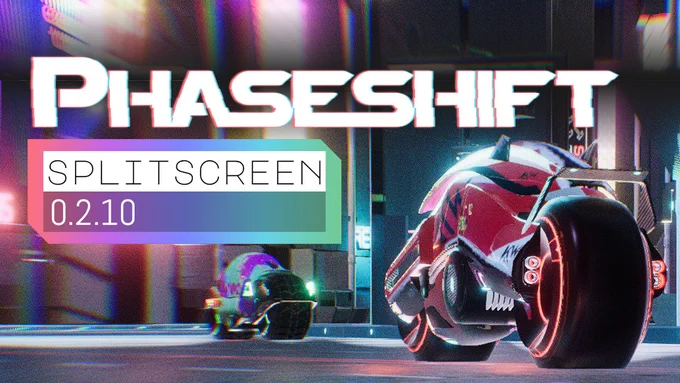 Two Phaseshift bikes race around a neon baked, cyberpunk styled race track