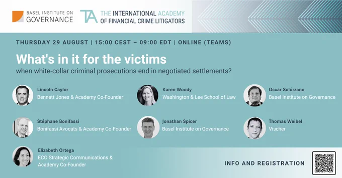 Webinar on "What's in it for the victims when white-collar criminal prosecutions end in negotiated settlements?"