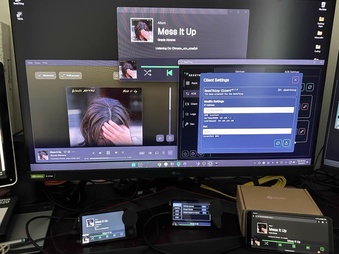 DeskThing running on two Car Things, a phone, and the desktop. All displaying Tidal song information