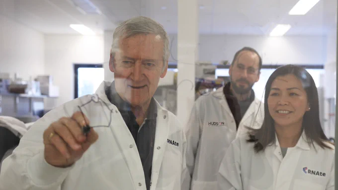 L-R: Professor Paul Hertzog, Associate Professor Michael Gantier and Dr Esther Ling at a lab in Hudson Institute in Melbourne Australia.