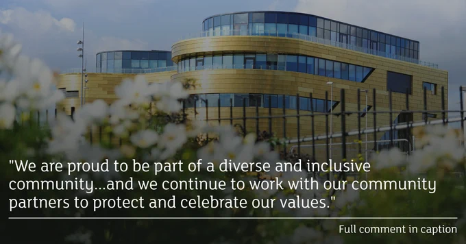 Asset reads: "We are proud to be part of a diverse and inclusive community... and we continue to work with our community partners to protect and celebrate our values. Full comment in caption"
