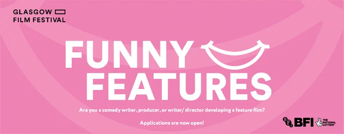On a pink background, the Glasgow Film Festival logo is in the to left hand corner.

In the centre of the image in white text are the words:
Funny Features

With a white smile beside the words.
