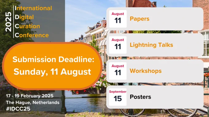 Graphic with text on IDCC25 deadlines overlaying image of a canal and bike by the Hague