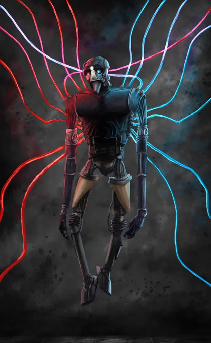 A hovering droid with separatist command droid head floating in a dark room of smoke with tubes of red and blue the force been pumped inside as it 3 eyes glow those colours.