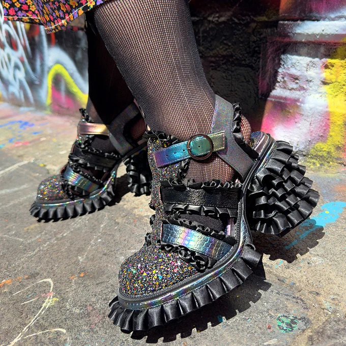 Irregular Choice 'Frill Me" Heels. Chunky black heels with frill trimming and iridescent details