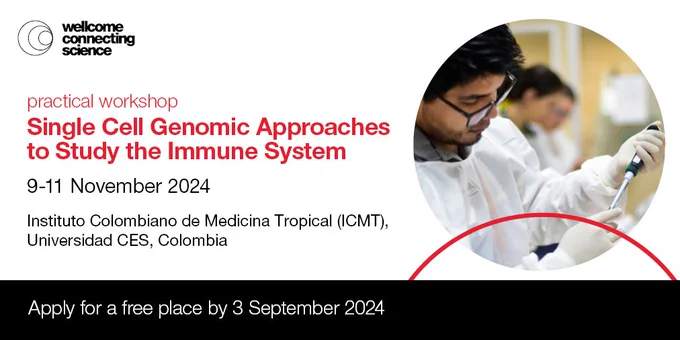 Course participant in a training laboratory. they are wearing a white lab coat, and holding a pipette. 

Text reads: Single Cell Approaches to Study the Immune System - Practical workshop

Workshop dates: 9-11 September 2024
Location: Universidad CES, Medellín, Colombia
Apply for a free place by 3 September 2024