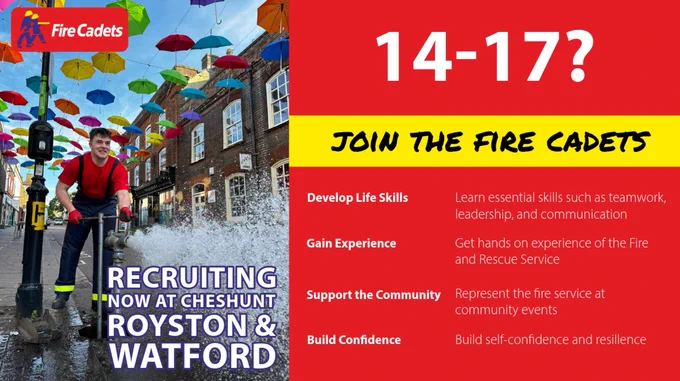 picture of a young person and text promoting the fire cadet scheme.