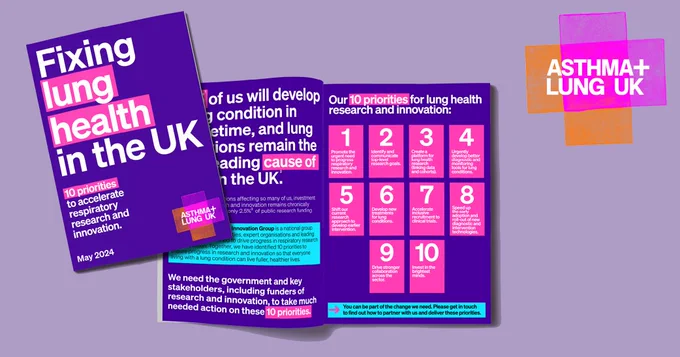 Image of two booklets, one of the covers says 'fixing lung health in the UK' and the other is an image of the inside of the booklet with an overlay image of the Asthma   Lung UK logo