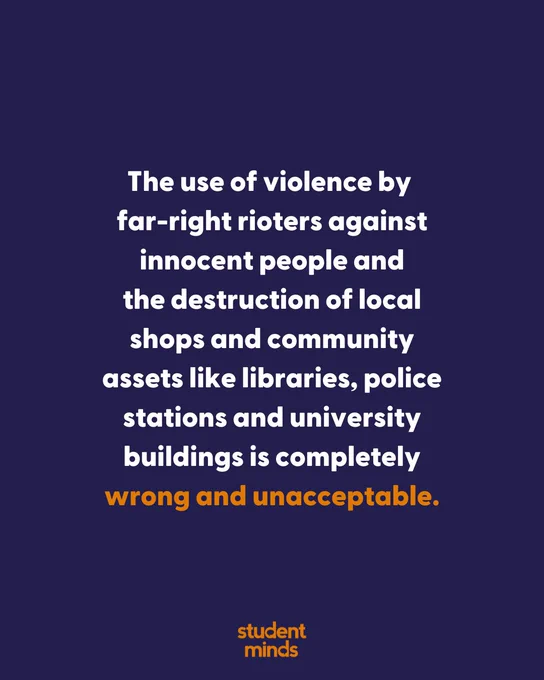 Blue background with Student Minds logo in orange at the bottom. With the text 

"The use of violence by far-right rioters against innocent people and
the destruction of local shops and community assets like libraries, police stations and university buildings is completely wrong and unacceptable"