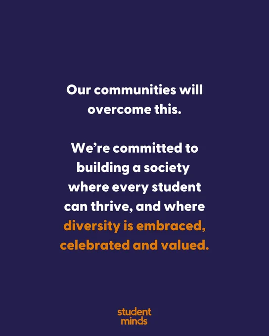 Blue background with Student Minds logo in orange at the bottom. With the text 

"Our communities will overcome this.

We’re committed to building a society 
where every student can thrive, and where diversity is embraced, celebrated and valued."