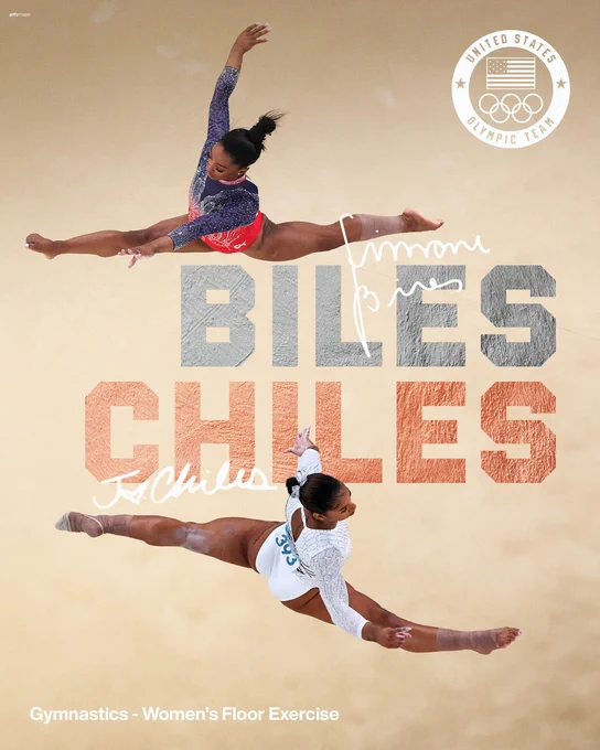 Simone and Jordan during their floor routines, "Biles" in silver and "Chiles" in bronze