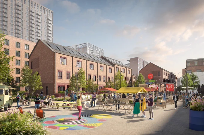An artist's rendering of the proposed Oldfield Basin development in Salford showcases a vibrant community space with market stalls, green areas, and people engaging in various activities, set against a backdrop of new residential buildings. 