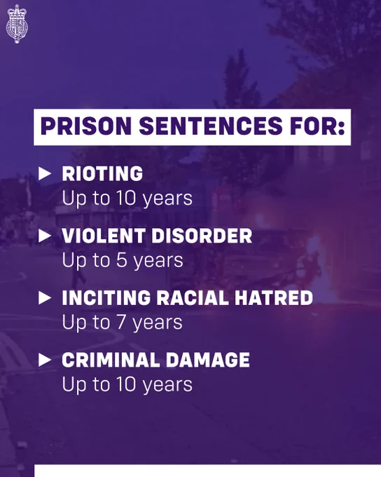 Graphic with text that reads:
Prison sentences for:
Rioting: up to 10 years
Violent disorder: up to 5 years
Inciting racial hatred: up to 7 years
Criminal damage: up to 10 years