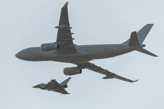 Typhoon and Voyager flying side by side. Photo taken from below.