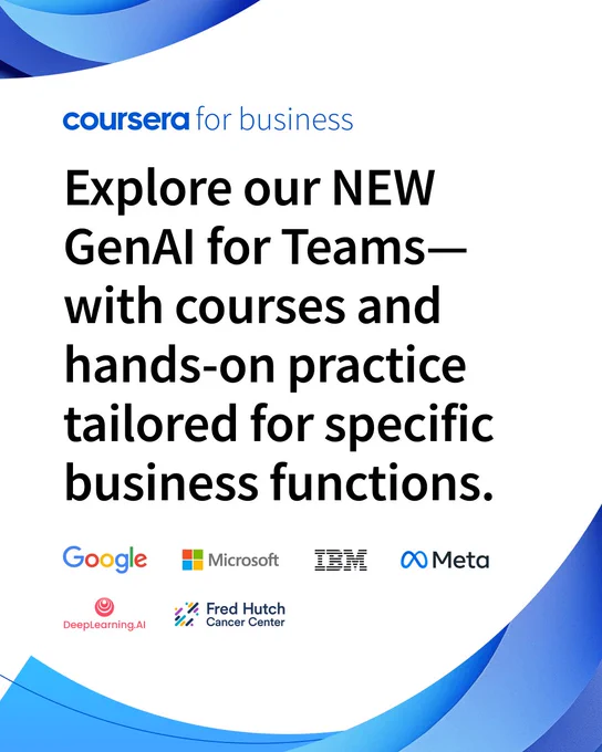 Promotional poster for "deep learning AI", offering new GenAI courses for Teams with logos of Google, Microsoft, IBM, and Meta displayed at the bottom.