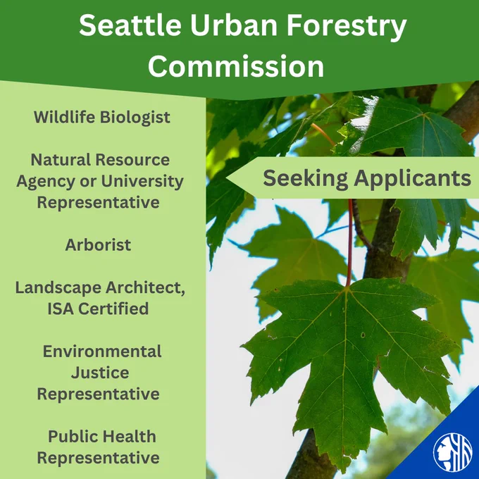 Image of a recruitment flyer for the Seattle Urban Forestry Commission, featuring a background of green leaves. The flyer lists open positions: Wildlife Biologist, Natural Resource Agency or University Representative, Arborist, Landscape Architect (ISA Certified), Environmental Justice Representative, and Public Health Representative. There is a banner with the text "Seeking Applicants."