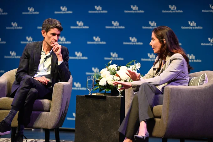 Nicholas Thompson and Nita Farahany onstage at UB's Center for the Arts.