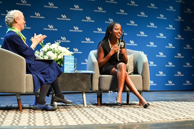 Amanda Gorman and moderator, Dr. Cristanne Miller on stage at UB's Center for the Arts. 