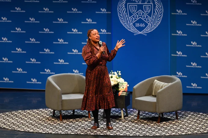 Heather McGhee onstage at UB's Center for the Arts.