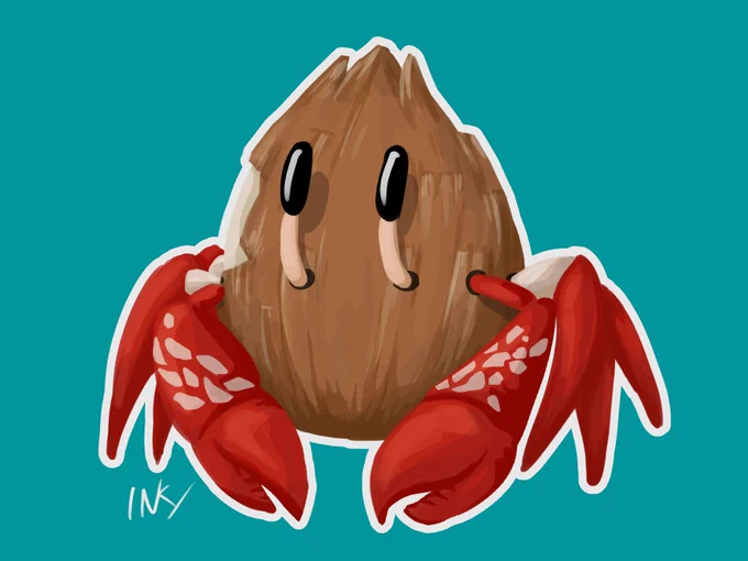 A doodle of a crab that's using a coconut as some sort of makeshift shell, its eye stalks, legs and claws poking out of the husk.