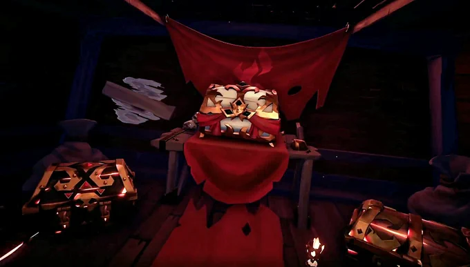 A screenshot of an ornate chest sat in the hull of a warship.
