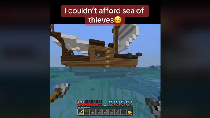 An image of a video showing a recreation of a Sea of Thieves ship within Minecraft.