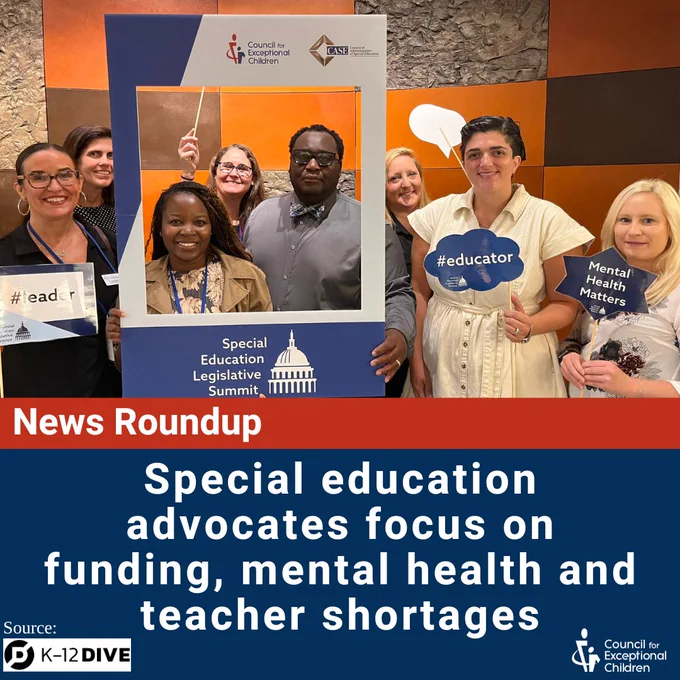 Dark blue background with red bar. There is an image of the PA state team at SELS2024. The text reads, "News Roundup: Special education advocates focus on funding, mental health and teacher shortages"