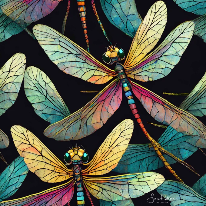Dancing Dragonflies

This artwork features a delightful seamless pattern of little colorful dragonflies set against a deep black background, creating a striking contrast that captivates the eye. Each dragonfly is rendered in vibrant hues, with intricate abstract designs on their delicate wings, adding a touch of whimsy and elegance. Perfect for wallpaper or textile design, this graphic representation blends artistic creativity with the beauty of nature, making it an ideal choice for those who appreciate both bold colors and intricate patterns. © Susan Rydberg
