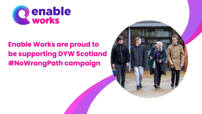 Picture of Enable Works part of Enable and a group of students. 