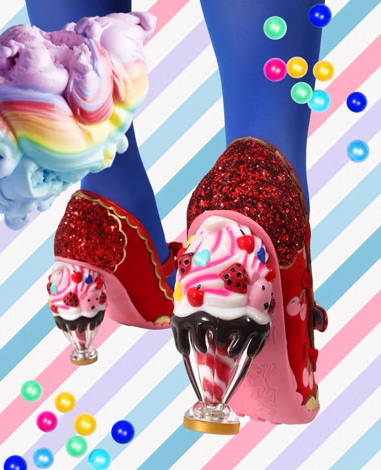 Irregular Choice 'Cherry Cheer' concept heels. ice cream sundae heel, red cherry print body