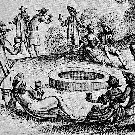 A 17th century illustration of men and women in period costume lounging, drinking and socialising around a circular well in an outdoor space