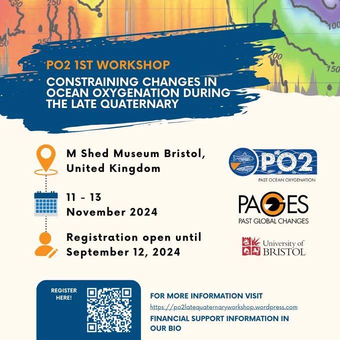 We are planning our very first PO2 workshop: "Ice sheets, ocean oxygenation, and the carbon cycle: Constraining changes in seawater oxygenation during the late Quaternary". We will meet on November 11, 12, and 13 in Bristol (United Kingdom) and online. For more information on the workshop, registration and financial support for registered early career researchers visit the website https://po2latequaternaryworkshop.wordpress.com 