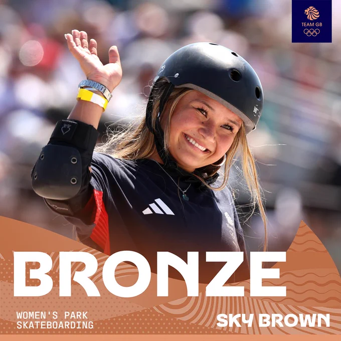 Sky Brown bronze medal graphic with photo of Sky waving and smiling in her skating attire.