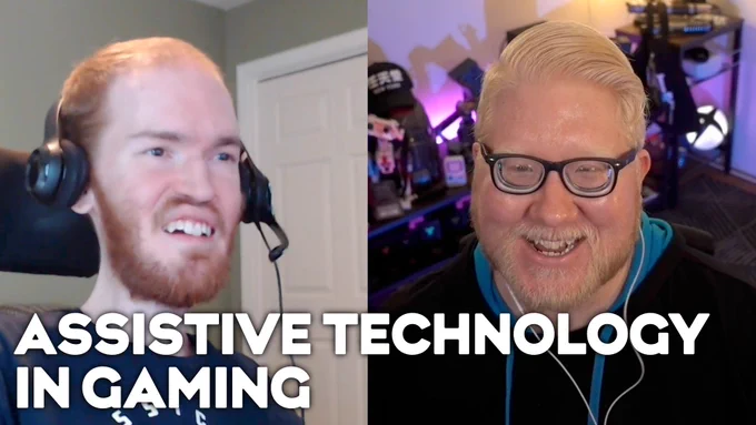 A split-screen photo of Grant Stoner and Steve Saylor recording this podcast episode, with the text "Assistive Technology in Gaming"
