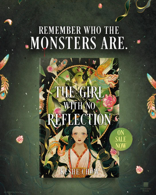 On a textured black background with flowers and feathers the book cover of the girl with no reflection with a round green “on Sale now” sticker