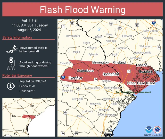 This graphic displays a flash flood warning plotted on a map. The warning is in effect until 11:00 AM EDT. The warning includes Hilton Head Island SC, Statesboro GA and Bluffton SC.  This warning is for Bulloch County in southeastern Georgia, Candler County in southeastern Georgia, Effingham County in southeastern Georgia, Jenkins County in southeastern Georgia, Screven County in southeastern Georgia, Beaufort County in southeastern South Carolina, Hampton County in southeastern South Carolina and Jasper County in southeastern South Carolina. Avoid walking or driving through flood waters! Move immediately to higher ground! There are 332,144 people in the warning along with 70 schools and 8 hospitals.