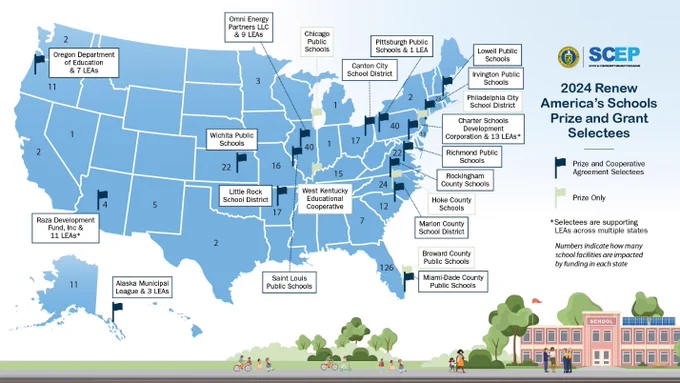 TEXT: 2024 Renew America's Schools Prize and Grant Selectees

IMAGE: A U.S. map with dots indicating the location of selections for the 2024 Renew America’s Schools Prize and Grant.