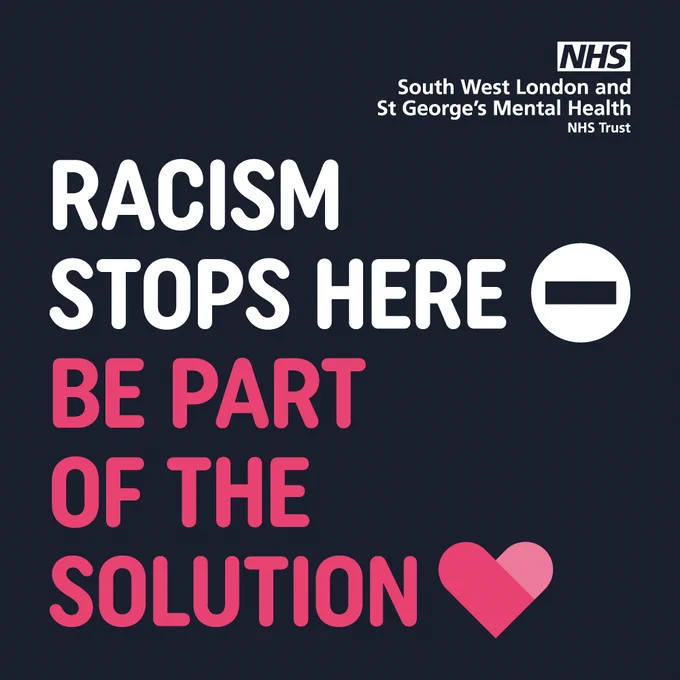 Text on graphic reads: 'Racism stops here, be part of the solution'