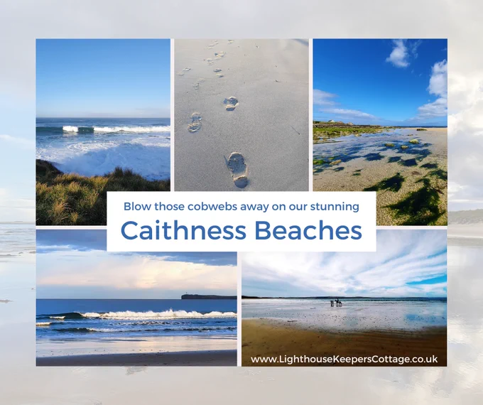 Collage showing several pictures of beaches in Caithness