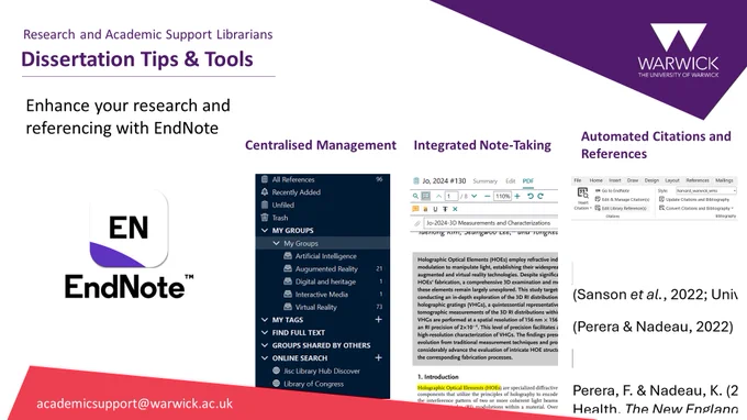 Poster to promote useful tools for managing referencing for dissertation writing. The text reads: “Enhance your research and referencing with EndNote. Centralised management, integrated note-taking and automated citations and references.”