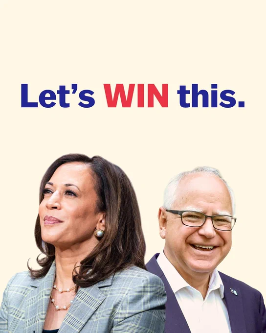 A picture of Vice President Kamala Harris and Governor Tim Walz with the text "Let's WIN this."