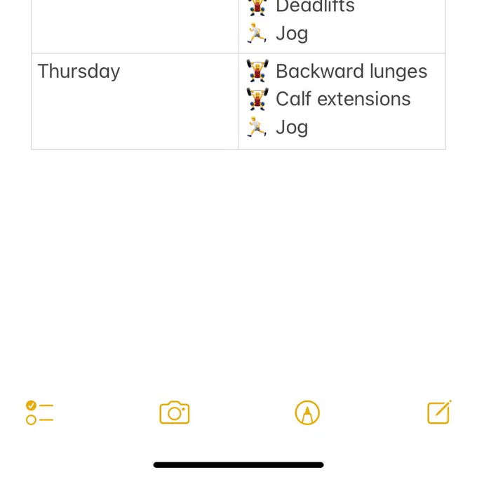 Workout timetable image 2. Table row 4. Heading column 1: Wednesday. Heading column 2: Jog. Table row 5. Column 1: Thursday. Column 2: Backward lunges, Calf extensions, Jog.