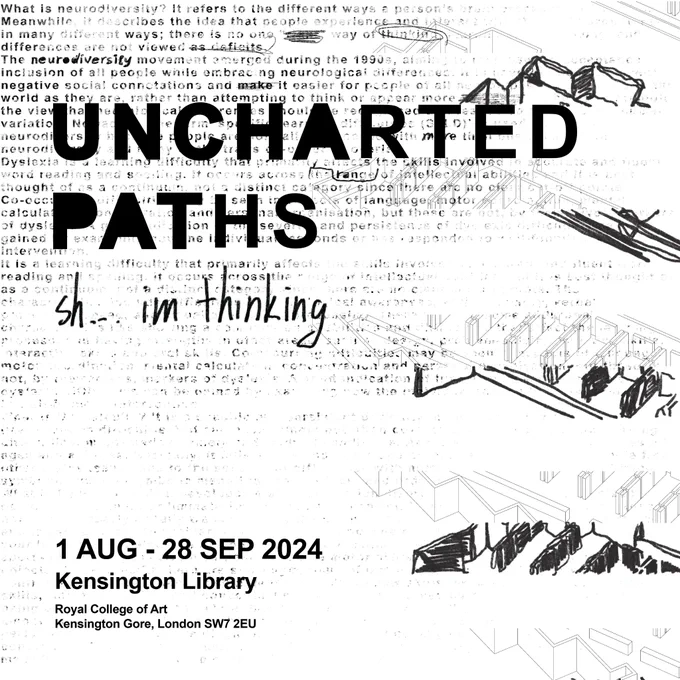 A poster for the exhibition 'Uncharted Paths'. Held from 1 August - 28 September 2024 in the RCA Library in Kensington.