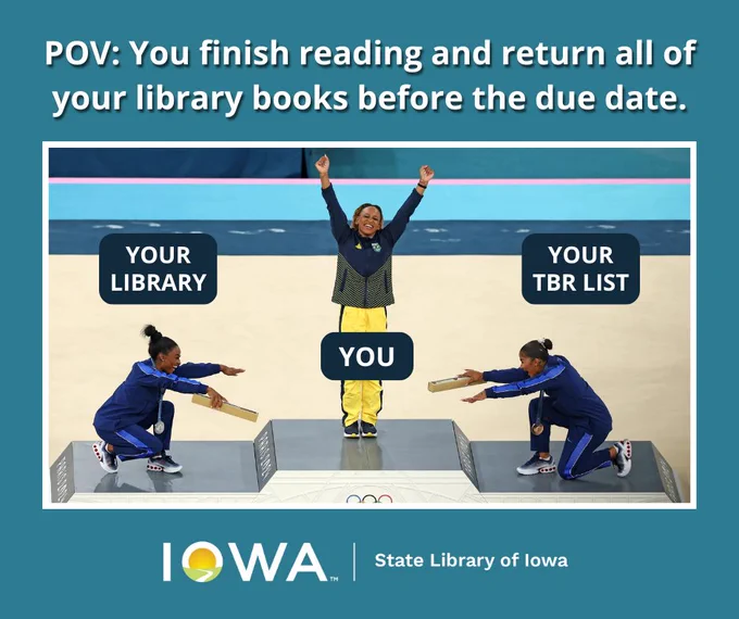 Image of three gymnasts on podium. In gold medal position: You; silver medal position: Your Library; bronze medal position: Your TBR List. Caption POV: You finish reading and return all of your library books before the due date.