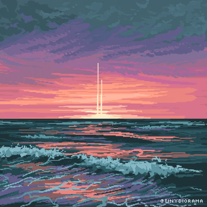 pixel art illustration of light beams in the distance at sunset over the ocean
