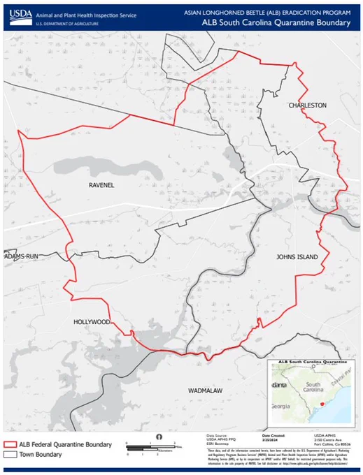 Asian longhorned beetle quarantine zone map (south carolina)