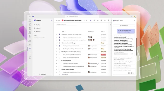 A screenshot of the Planner app in Microsoft Teams shown against a colorful background. The Copilot (Preview) pane is open to the right of a list of tasks and subtasks in Planner.